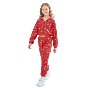 Imagem de LOLANTA Conjunto de 2 peças de fantasia de dança para meninas, jaqueta e calça de lantejoulas, roupas infantis de hip hop para festas temáticas dos anos 80 e 90, Vermelho, 12-13 Anos