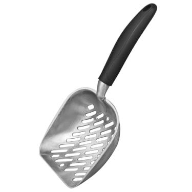 Imagem de Colher de areia para gatos, peneira de liga de alumínio, colher de cocô de metal durável com pá profunda e orifícios diagonais, alça ergonômica longa, alça preta para facilitar a limpeza