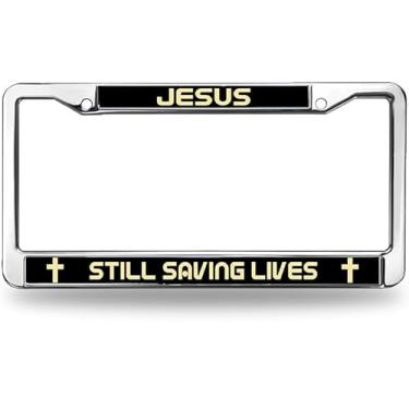 Imagem de Moldura de placa de licença Jesus Still Saving Lives Metal God is The Source Chrome License Plate Frame Bíblia Escritura para presente de aniversário com kit de presente de montagem