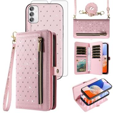 Imagem de Asuwish Capa de celular para Samsung Galaxy A14/M14 5G Carteira com zíper destacável com protetor de tela de vidro temperado alça transversal Bling Flip porta-cartão de crédito A 14 4G 14A 14M G5