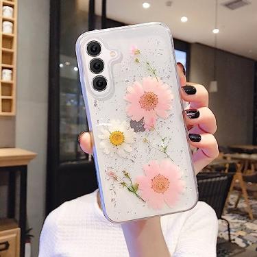 Imagem de EYZUTAK Capa para Samsung Galaxy A14 5G, Bling Glitter Lantejoula Feita à Mão Flor Seca Verdadeira Folha Estética Transparente Capa Protetora de Gel de Borracha Macia Floral Embutida - Rosa
