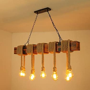 Imagem de Lustre de viga de madeira industrial vintage com pingentes de corda de cânhamo de 10 cabeças para decoração retrô de meados do século, iluminação de cozinha em estilo ilha
