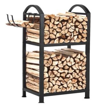 Imagem de ZEXVIDA Rack de lenha externo e interno, rack de armazenamento de lenha com ganchos de madeira, rack de 39,9 cm ao ar livre para lenha, suporte de toras resistentes para armazenamento de madeira