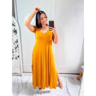 Imagem de vestido gola V com bolço e fenda lateral - MK MODAS, Amarelo, P