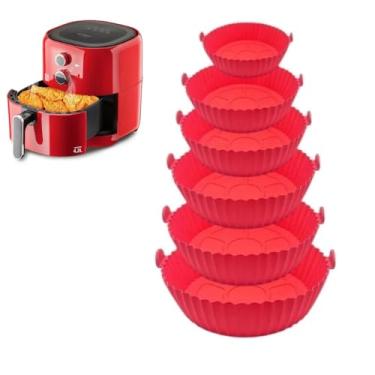 Imagem de Kit Genérico 6 Formas de Silicone Reutilizáveis para Air Fryer Antiaderentes, Com Alças, Compatíveis com Forno e Micro-ondas, Cestas Redondas Universais para Todos os Modelos (Vermelho)