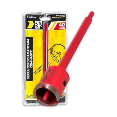 Imagem de Serra Copo 40 mm Diamantada - C/Haste e Pino Guia Fertak Para Granito Porcelanato Mármore para Pedreiros Cor Vermelha Original Cód - 299040