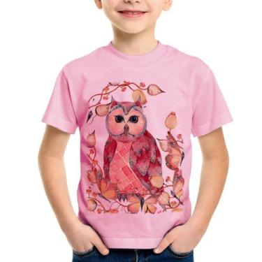 Imagem de Camiseta Infantil Coruja e Folhas - Foca na Moda, Rosa bebê, 14