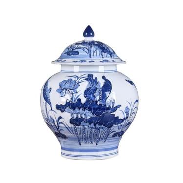 Imagem de Ornamentos de cerâmica imitação de porcelana azul e branca, armazenamento geral de jarras clássicas decorações chinesas - com altura da tampa 34 cm diâmetro da barriga 24 cm diâmetro 14 cm