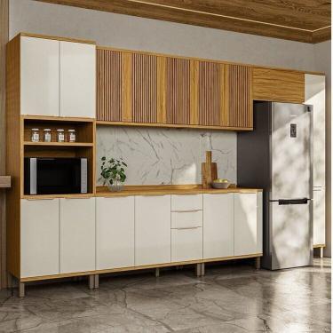 Imagem de Cozinha Modulada Completa 385cm 7 Peças 16 Portas com Tampo 100% MDF Noruega Fresada Espresso Móveis Amêndoa/Off White