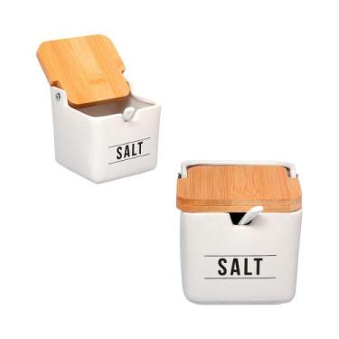Imagem de Saleiro de porcelana com colher tampa de  bambu capacidade 270 ml bran