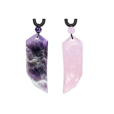 Imagem de TUMBEELLUWA Colares de ametista natural e cristal de quartzo rosa, conjunto de amuleto com 2 peças de pingentes de pedra esculpida com cordão ajustável para homens e mulheres, Ametista e pedra de