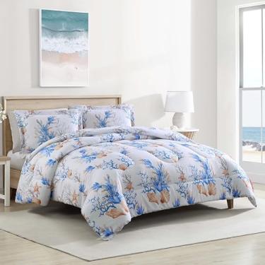 Imagem de CARIBBEAN JOE Conjunto de edredom casal/queen com 3 peças, estampa de praia costeira tropical, damasco costeiro