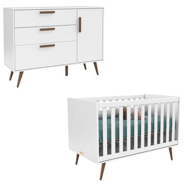Imagem de Berço Infantil Americano e Cômoda 1 Porta Retro Branco Acetinado Eco Wood – Matic