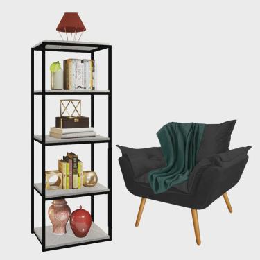 Imagem de Kit Poltrona Fatte com Manta Soft Verde e Estante Livreiro Ferro Preto mdf Marmorizado Cinza Suede Preto - Ahz Móveis