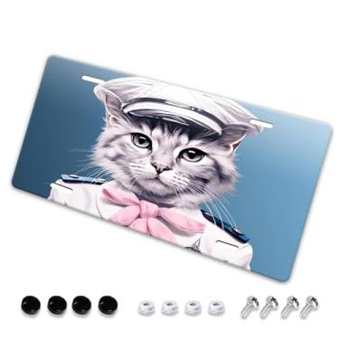 Imagem de Retrato fofo de gato em boné de marinheiro capa de placa de licença elegante - etiqueta de carro de alumínio artística, à prova de ferrugem, design exclusivo novidade - 15 x 30 cm
