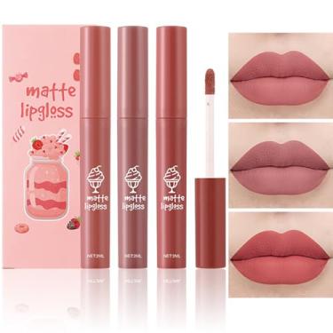 Imagem de Tiejdhr Conjunto de 3 peças de batom fosco nude, brilho labial fosco suave de veludo, 24 horas, natural, de longa duração e nutritivo, copo antiaderente para maquiagem feminina (conjunto D)