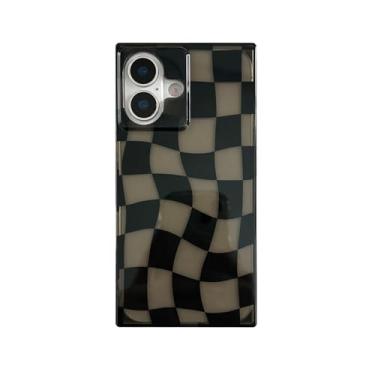 Imagem de Capa retangular xadrez preta transparente para iPhone 16 6,1 polegadas (não Pro), capa protetora moderna translúcida guingão estética legal (para iPhone 16 de 6,1 polegadas, damas)