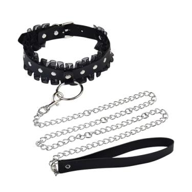 Imagem de COLORFUL BLING Colar de corrente ajustável com coração de amor, para mulheres, gótico, feito à mão, osso de sino, borla, couro poliuretano, colar, colar sexy, bijuteria cosplay, Zinco, Sem Pedra