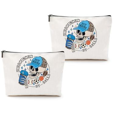 Imagem de CQM 2 peças de bolsas de maquiagem de caveira cercada por bolas, bolsa de cosméticos de beisebol, futebol, basquete, esportes, mamãe, esqueleto, bolsa de higiene de viagem para mulheres, Multicolorido
