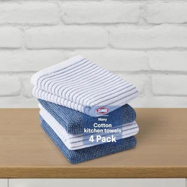 Imagem de CLOROX Conjunto de toalhas de cozinha - 2 100% algodão e 2 misturas de poliéster de algodão - Toalhas bonitas multiuso absorventes de secagem rápida - 38 x 63 cm - azul marinho pacote com 4