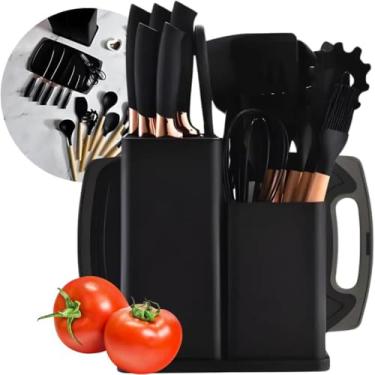 Imagem de Utensilios para Cozinha Silicone Kit com 19 Peças Cabo Madeira Conjunto Completo Espátula Concha Colher Jogo Suporte Faca Antiaderente Tabua Tesoura Faqueiro (preto)