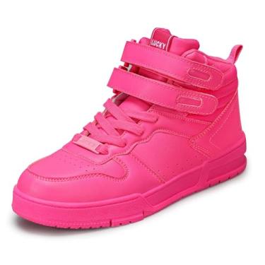 Imagem de LUCKY STEP Tênis feminino de cano alto, cano alto, botas de basquete, tênis de caminhada, plataforma, tênis casual de couro, Rosa choque, 8
