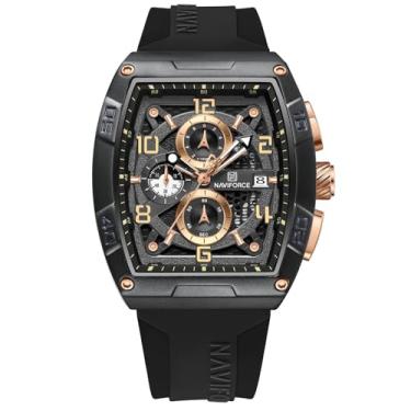 Imagem de NAVIFORCE Relógios masculinos com cronógrafo de quartzo, pulseira de silicone colorida, com data automática, à prova d'água, relógio de pulso feminino, presente, Preto + ouro rosa, Moda, esportes,