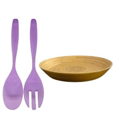 Imagem de Conjunto de Saladeira 3 Peças Madeira e Acrílico Travessa e Talher. - 