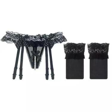 Imagem de Meia-Calça de Renda Soft Top com Suspensór ElaShopp, Preto