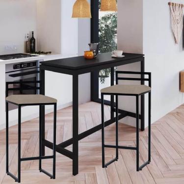 Imagem de Kit 02 Banqueta Alta Com Encosto Petra Balcão Bar Cozinha Bistrô Ferro Preto Corino Bege