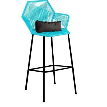 Imagem de Banqueta Alta Sttar Ferro Preto Fibra Azul Turquesa Almofada Suede Cinza - Amey Decor