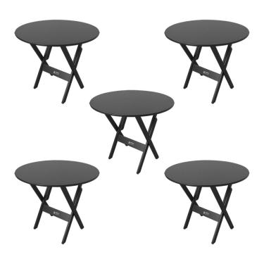 Imagem de Kit 5 Mesas Dobráveis De Madeira Redonda 90cm Preta - Cor: Preto