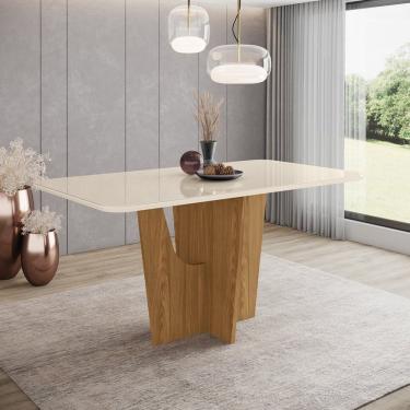 Imagem de Mesa De Jantar 160X90Cm Tampo Vidro/Mdf Canto Arredondado Vértice Nature/Off White