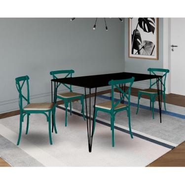 Imagem de Jogo De Mesa Elen Retangular Tampo De Madeira 140X80Cm Preto Com 4 Cadeiras Katrina Azu...