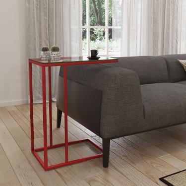 Imagem de Mesa Lateral Industrial Elena De Vidro Base Ferro Vermelho - Cor: Vermelho