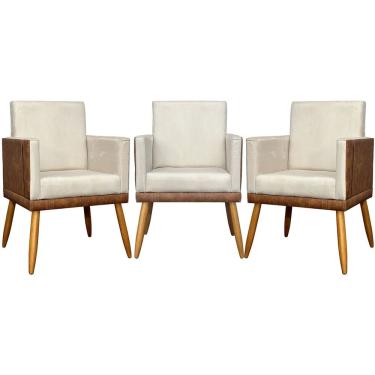 Imagem de Kit 3 Poltronas Decorativas Lis Corino e Pé Palito - Bege Suede Corino