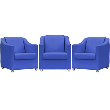 Imagem de Kit 3 Poltronas Mila Corino Cores Pé De Plástico Cromado - Azul-royal Corino