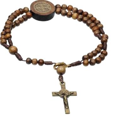 Imagem de Pulseira Terço Ajustável com Cruz e Medalha de São Bento em Madeira Imbuia e Ouro Velho – 19 cm