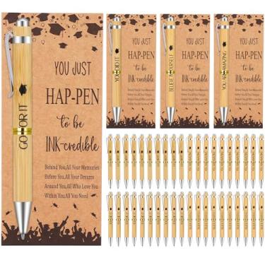 Imagem de Conjunto de 48 canetas de bambu para presente de formatura, canetas esferográficas de madeira de bambu com cartões comemorativos, suprimentos de festa de formatura para estudantes, ex-alunos, colegas