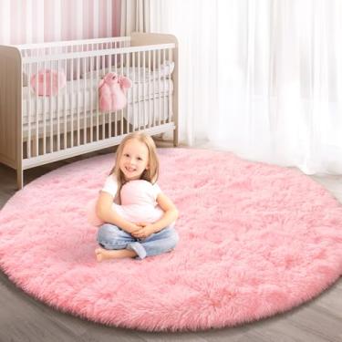Imagem de KIXINWA Tapete Redondo Rosa, Tapete de Área Circular Fofo de 4X4 Pés para Quarto de Criança, Sala de Estar, Decoração de Casa, Tapete Circular Supermacio E Fofo Antiderrapante, Carpete de Pelúcia Felp