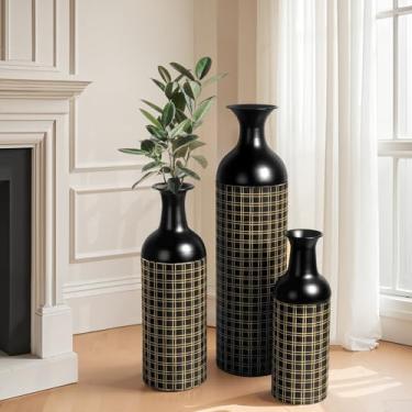 Imagem de Conjunto de 3 vasos grandes de metal preto com linhas douradas minimalistas e boca de vaso destacável, grandes vasos decorativos modernos para sala de estar, corredor, sala de jantar, escritório