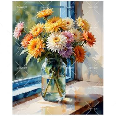 Imagem de Kit de pintura floral natureza morta por números para adultos - margaridas gérberas coloridas DIY em jarra por pintura de janela em tela 40,6 x 50,8 cm, conjunto de tinta acrílica para iniciantes