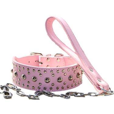 Imagem de Conjunto de coleira para cachorro haoyueer de couro de 5 cm de largura, com coleira para animais de estimação para terrier Husky Mastiff médio grande Pitbull (Rosa, M)