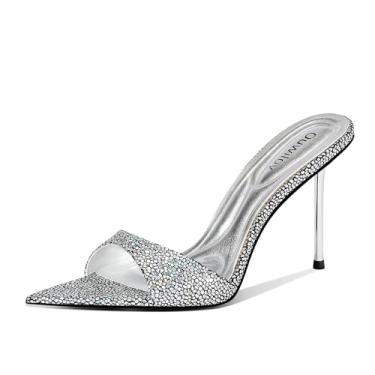 Imagem de Ouwilov Mules de salto alto para mulheres, bico fino, design sem cadarço com salto agulha de metal de 9 cm e palmilha acolchoada macia em ouro iridescente para festas ou encontros noturnos, Prata, 35