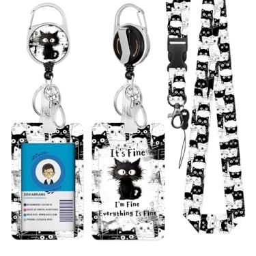 Imagem de Cordões de gato para crachá de identificação, suporte de cartão de identificação de gato preto com clipe retrátil e chaveiro, capa protetora de crachá de identidade vertical com etiqueta de nome para