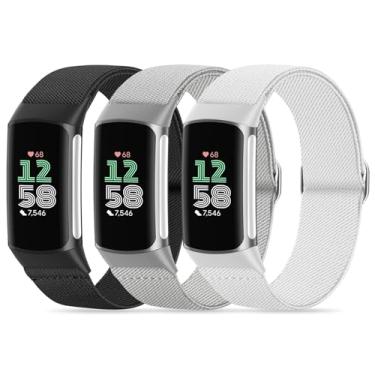 Imagem de Compatível com pulseiras de relógio Fitbit Charge 6, pacote com 3 pulseiras esportivas de nylon elástico de substituição para Fitbit Charge 5/Charge 6, monitor de atividades físicas, femininas