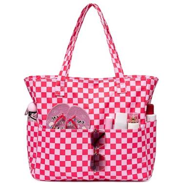 Imagem de LEDAOU Bolsa feminina grande para praia, impermeável, à prova de areia, com zíper, para piscina, academia, mercearia, viagem, com bolso molhado, Rosa quadriculado, Large
