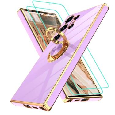 Imagem de Gritup Capa para Samsung Galaxy S24 Ultra: com 2 peças de protetor de tela, suporte de anel de rotação de 360°, suporte magnético banhado a ouro, borda dourada, capa protetora à prova de choque para