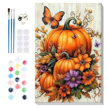 Imagem de Bowetile Pintura emoldurada de Halloween por números para adultos iniciantes, kits fáceis de pintar por número de abóbora em tela, kits de artesanato de pintura com números de outono em acrílico
