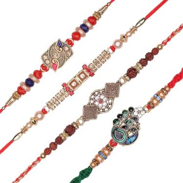 Imagem de Conjunto de 4 pulseiras de fio Rakhi para irmão para Bhai Bhabhi Bhaiya veera Raksha Bandhan Dora Conjunto de pulseiras com pacote de vale-presente Rakhi para irmão irmã indiano tradicional festival
